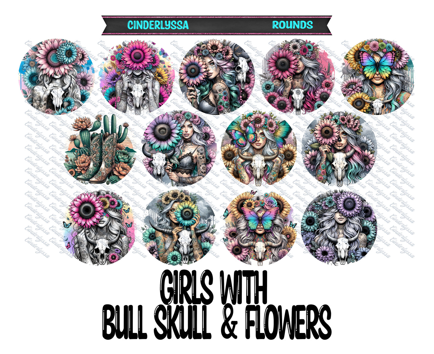 3 inch Round: Girls With Bull Skulls & Flowers Cardstock Only for freshies -NO MOLD: Cardstock Silicone Mold, for Aroma Bead Molds,Car Freshener, Premium Cardstock Image