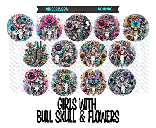 3 inch Round: Girls With Bull Skulls & Flowers Cardstock Only for freshies -NO MOLD: Silicone Mold, for Aroma Bead Molds,Car Freshener, Premium Cardstock Image