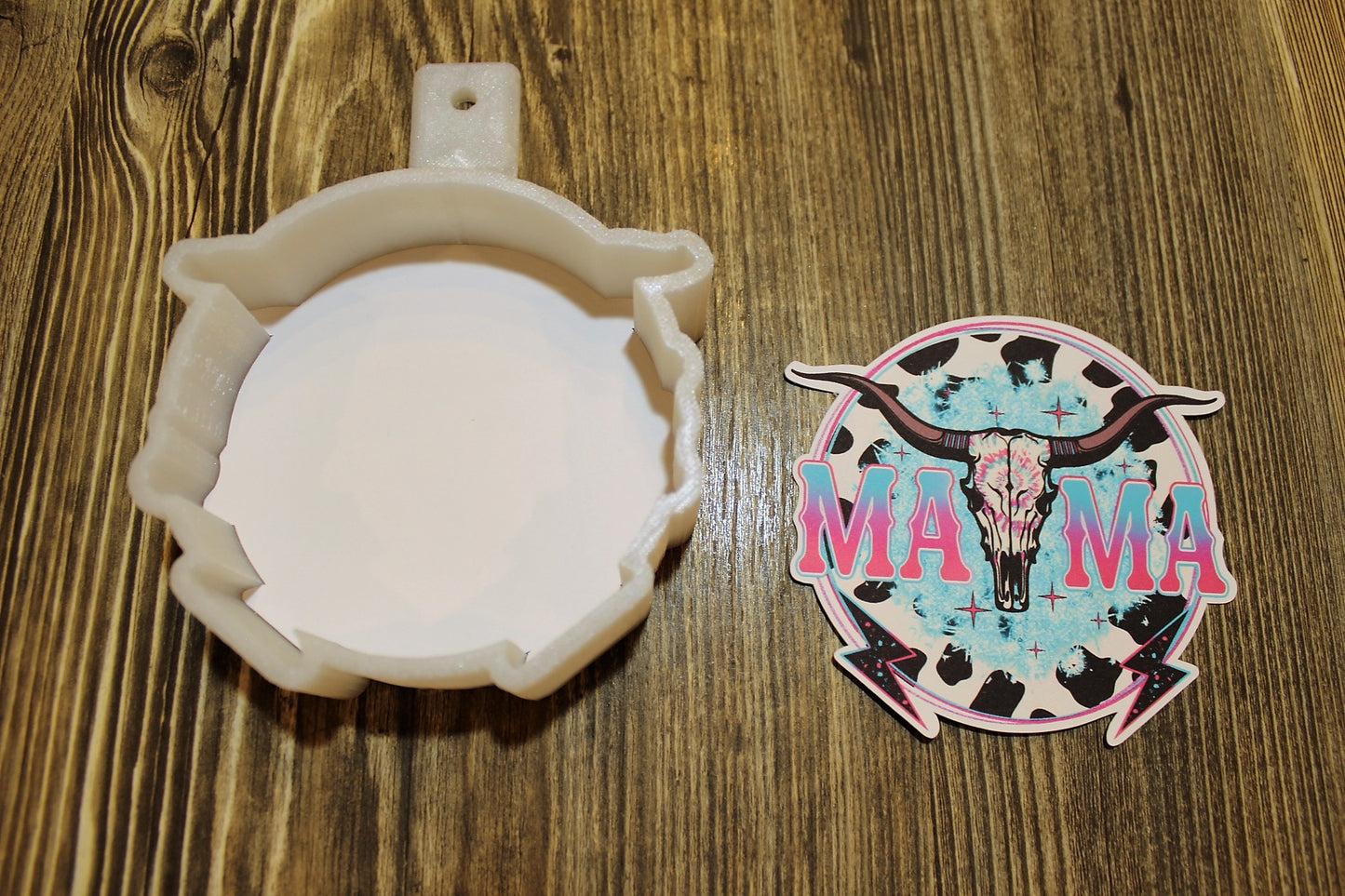 Western Mama Bull Skull with Cow Print Multicolor Cardstock Silicone Mold, Aroma Bead Molds, Car Freshener Mold, Premium Cardstock Images