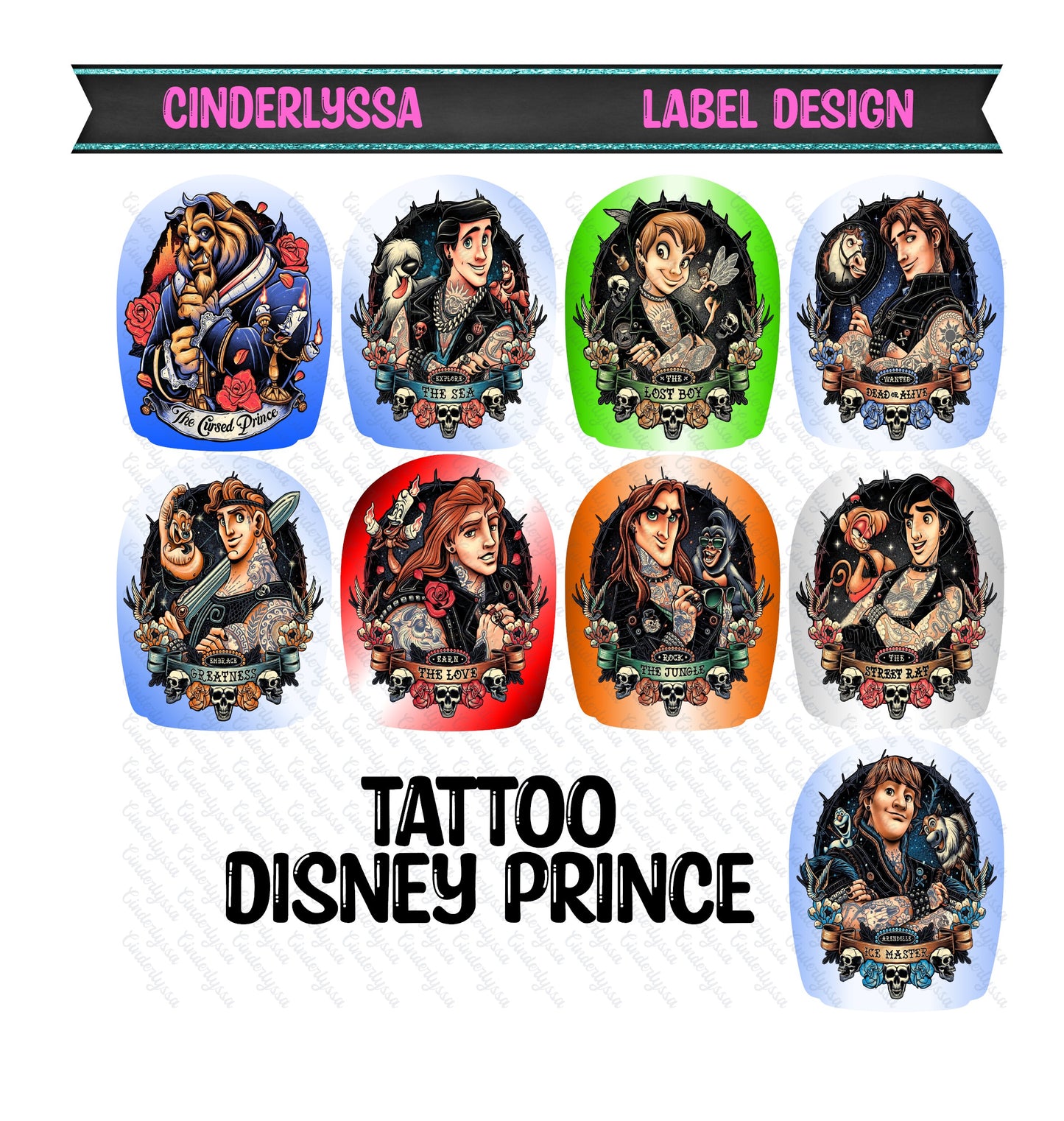 Label Design: Tattoo Disney Prince Cardstock Silicone Mold, Aroma Bead Molds, Car Freshener Mold, Car Freshies, Premium Cardstock Images