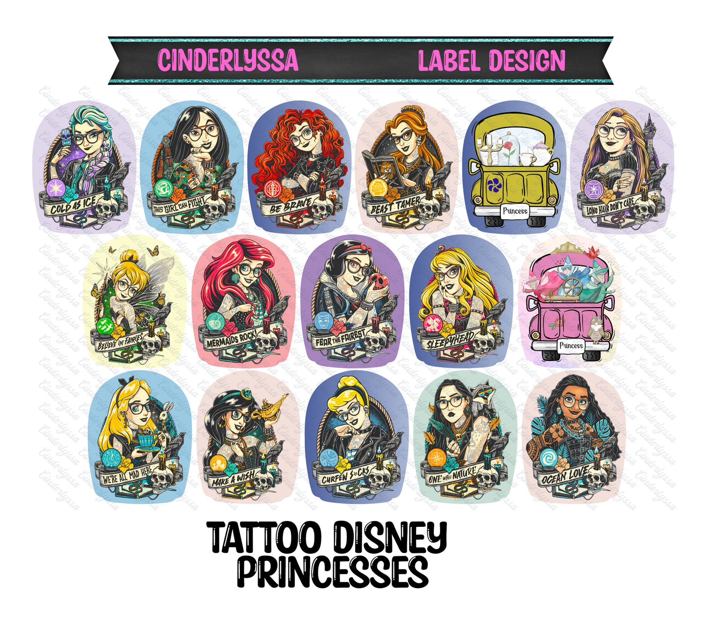 Label Design: Tattoo Disney Princess Cardstock Silicone Mold, Aroma Bead Molds, Car Freshener Mold, Car Freshies, Premium Cardstock Images