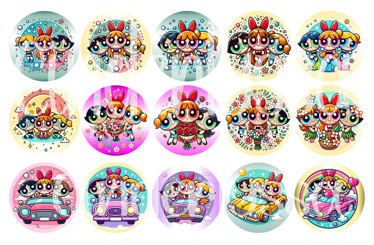 2.5 inch Round Powerpuff Girls Cardstock Only for freshies:  Aroma Bead Molds, Premium Cardstock Images-NO MOLD