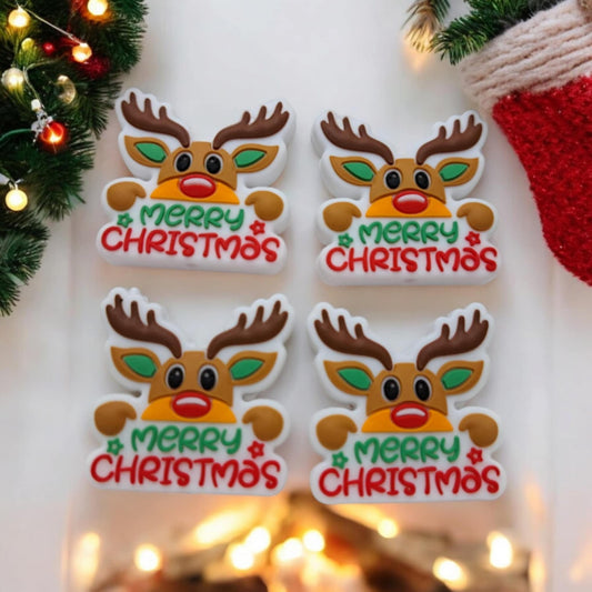 Merry Christmas With Brown Reindeer Silicone Focal Bead