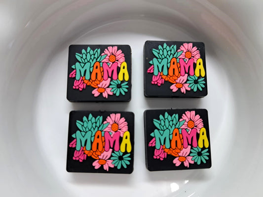 Mama with Bright Flowers -Black Square Silicone Focal Bead