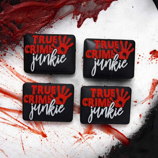 True Crime Junkie: Black Rectangle with Bloody Hand Silicone Focal Bead