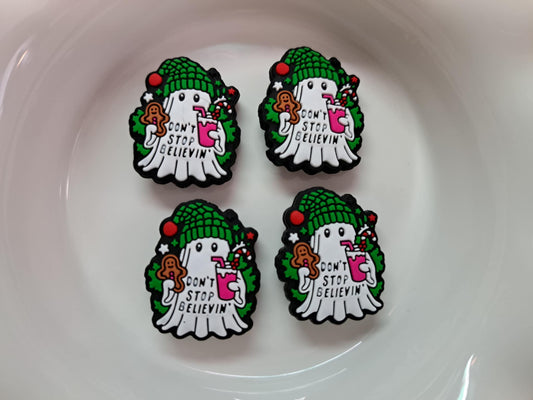 Don't Stop Believin' Christmas Ghost: Green Hat with Drink and Cookie Silicone Focal Bead