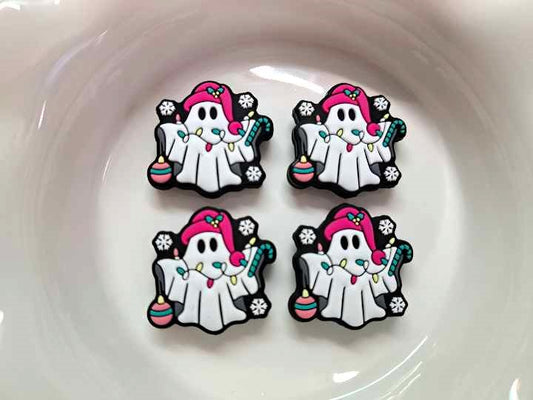 Christmas Ghost with Pink Hat, Lights, Snowflakes, Candy Cane & Ornament Silicone Focal Bead