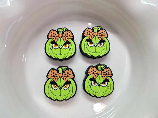 Girl Grinch: Green Pumpkin with Leopard Bow Silicone Focal Bead