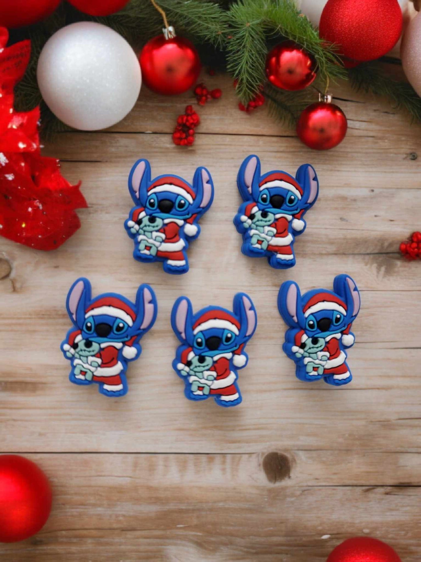 Stitch in Santa Suit & Hat with Scrump Doll (Blue Background) Christmas Silicone Focal Bead - 1222