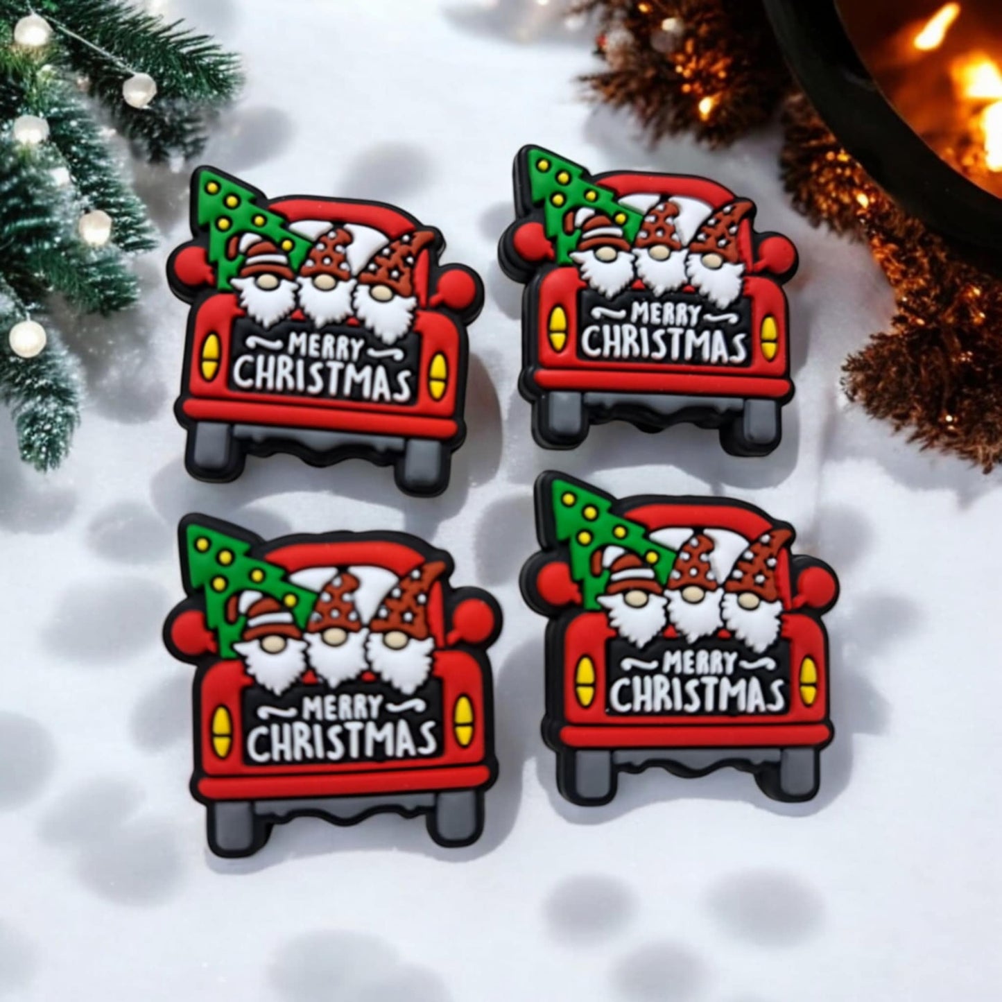 Merry Christmas Red Truck with Three Gnomes and Green Tree Silicone Focal Bead