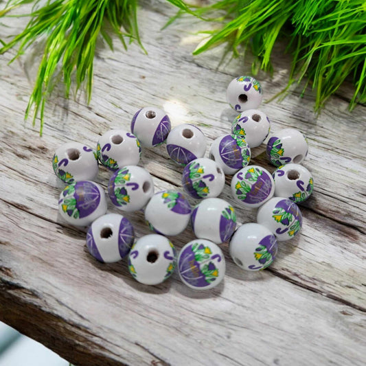 Hello Spring: Purple Umbrella with Flowers 16mm Wood Spacer Printed Beads