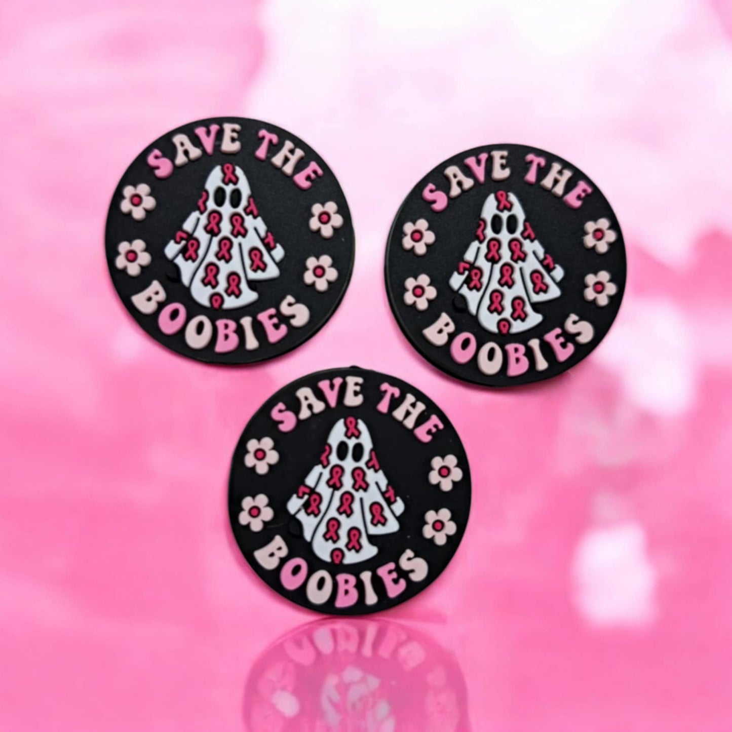 Save the Boobies: White Ghost with Pink Awareness Ribbons on Black Round Silicone Focal Bead - 1343