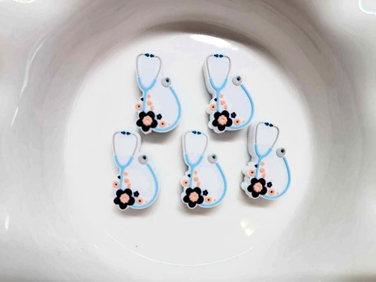 Blue Stethoscope and Flowers Silicone Focal Bead - 1322