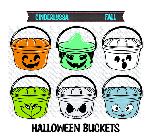 Halloween Buckets: Ghost, Witch, Pumpkin, Nightmare & Grinch Face - Happy Meal Silicone Mold, Aroma Bead Molds, Car Freshener Mold, Premium Cardstock Images