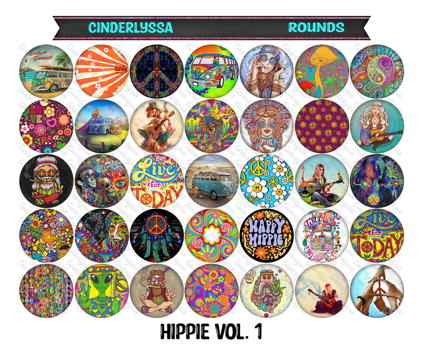 3.75 inch Round: Hippie Vol. 1 for Silicone Mold, for Aroma Bead Molds, Car Freshener, Premium Cardstock Images