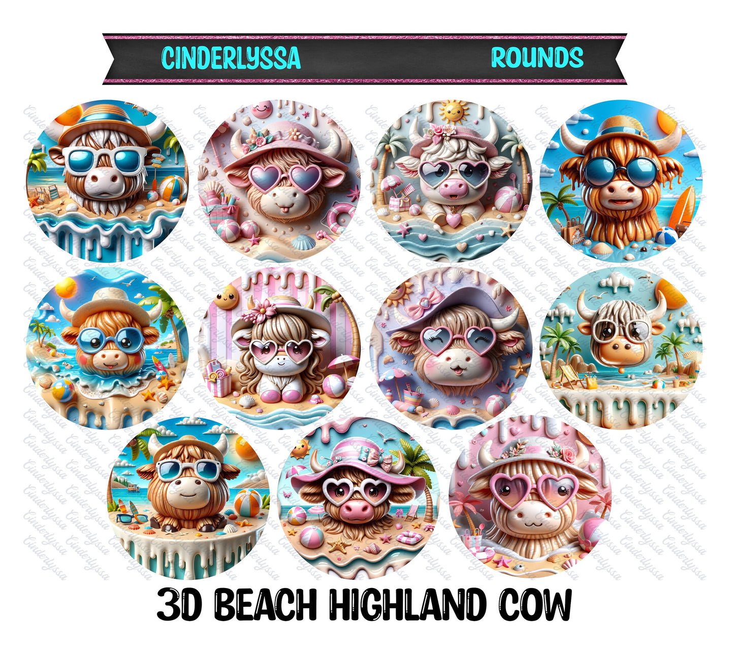 3 inch Round 3D Beach Highland Cow Cardstock Only for freshies-NO MOLD: for Aroma Bead Silicone Molds,Car Freshener, Premium Cardstock Image