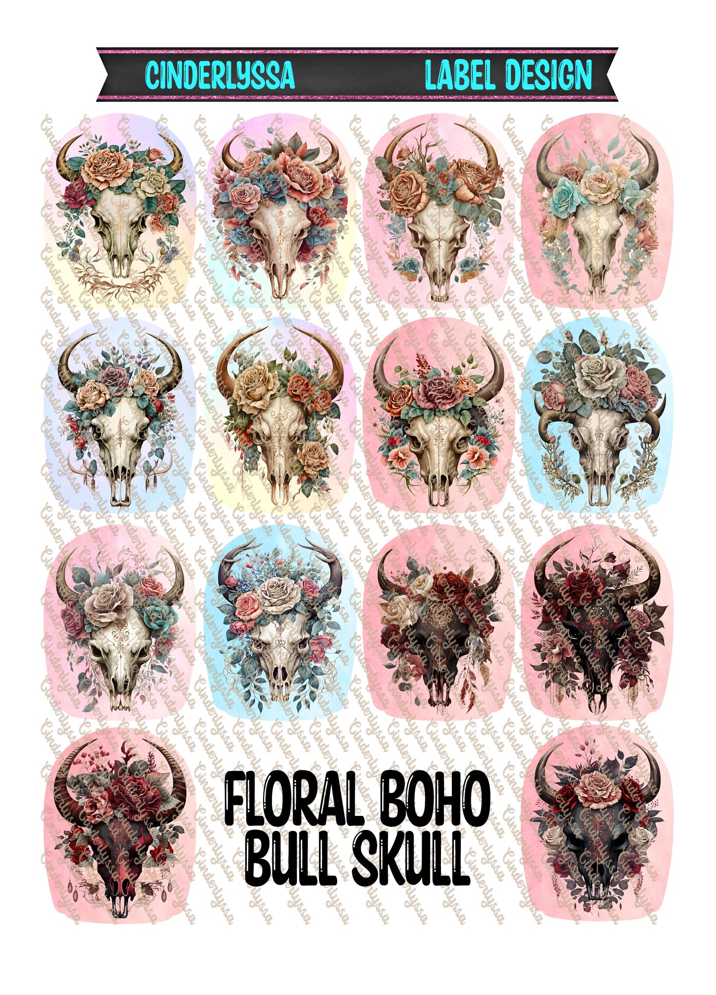 Label Design: Floral Boho Bull Skull Cardstock Silicone Mold, Aroma Bead Molds, Car Freshener Mold, Car Freshies, Premium Cardstock Images