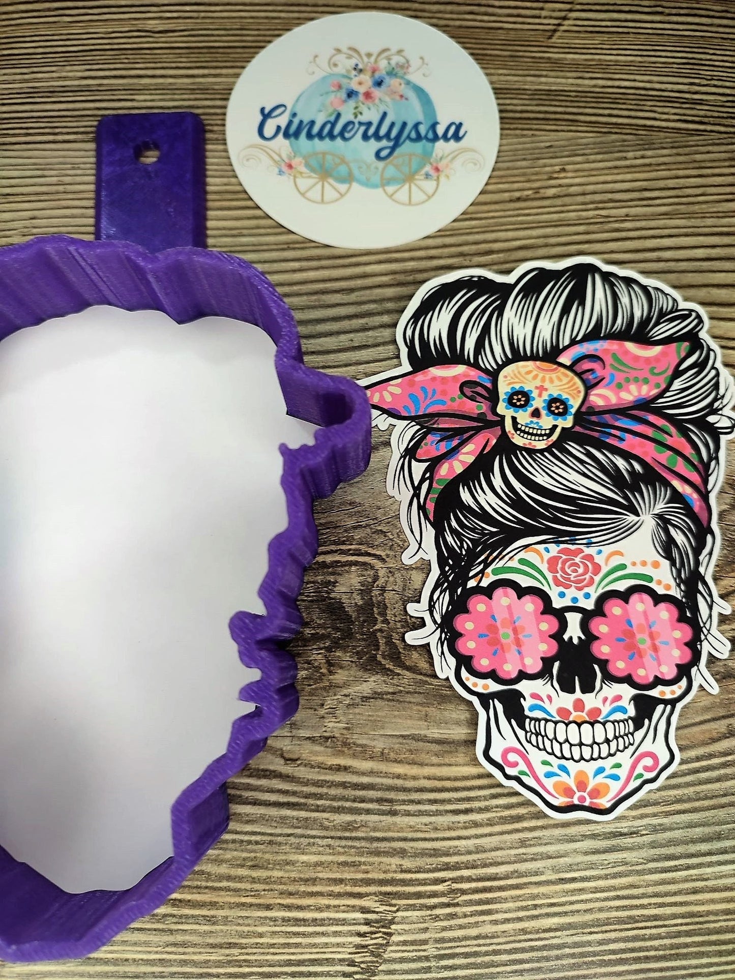 Day of the Dead: Messy Bun Girl Sugar Skull with Pink Silicone Mold, Aroma Bead Molds, Car Freshener Mold, , Premium Cardstock Images