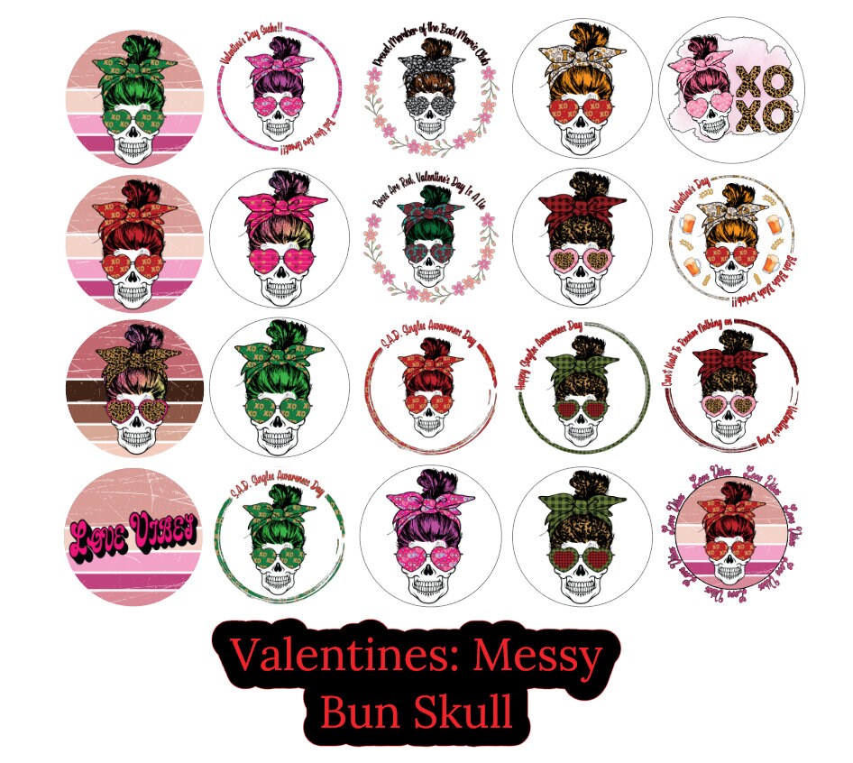 3 inch Round Valentines: Messy Bun Skull Cardstock Only for freshies -NO MOLD for Aroma Bead Molds, Car Freshener, Premium Cardstock Images