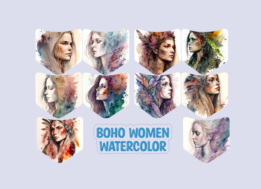 Jean Pocket: Boho Women Watercolor Image Inserts for Silicone Mold, Aroma Bead Molds, Car Freshener Mold