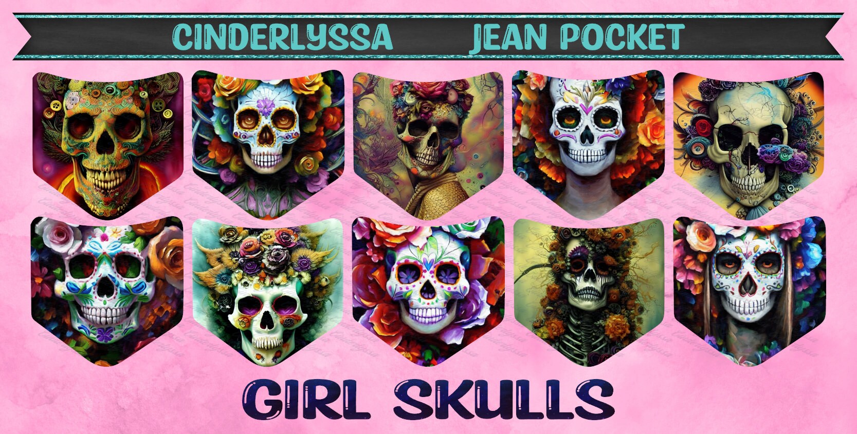 Jean Pocket With Girl Skulls with Flowers Cardstock Image Inserts for Silicone Mold, Aroma Bead Molds, Car Freshener Mold