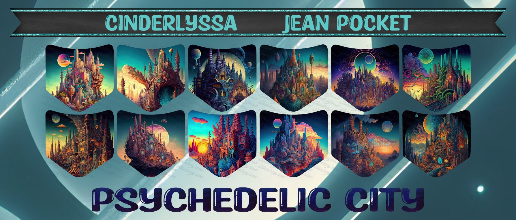 Jean Pocket: Psychedelic City Image Inserts for Silicone Mold, Aroma Bead Molds, Car Freshener Mold