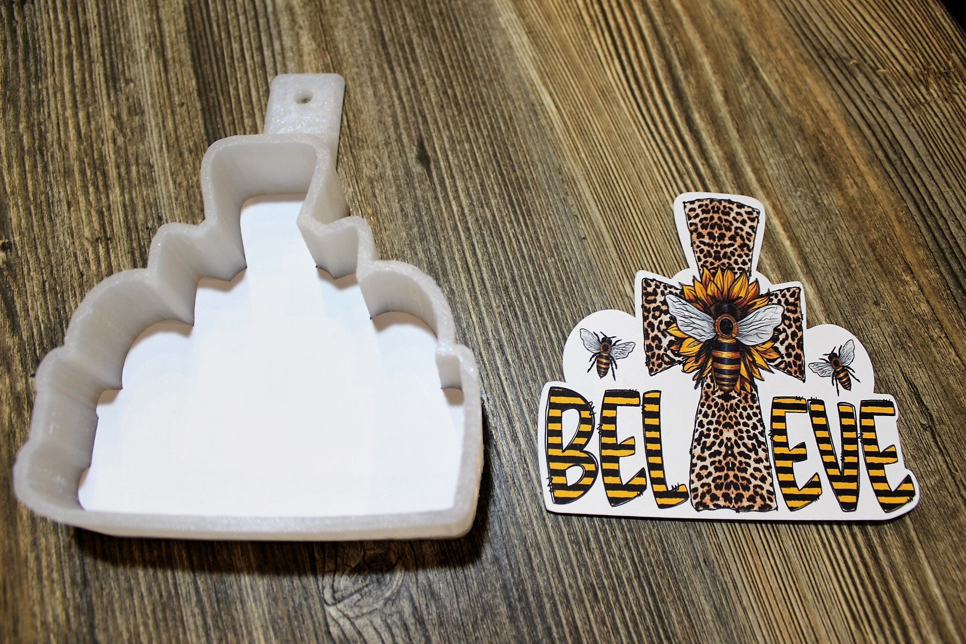 Believe: Cross & Bees with Sunflowers and Leopard Print Silicone Mold, Aroma Bead Molds, Car Freshener Mold, Premium Thick Cardstock