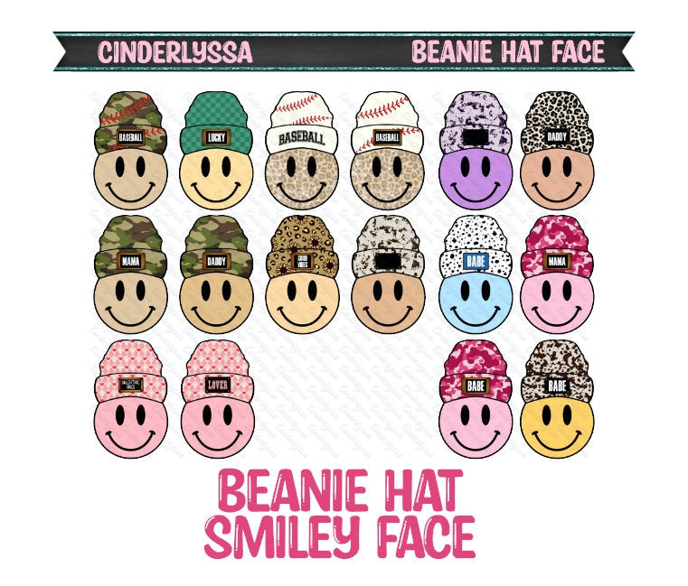 Beanie Hat Smiley Face Multiple Colors/Styles: Baseball, Camo, Babe, Mama, Dad, Lucky Silicone Mold, Aroma Bead Molds, Car Freshener Mold