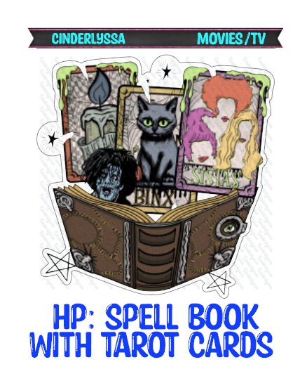 HP: Spell Book with Tarot Cards, Black Flame Candle and Binx Silicone Mold, Aroma Bead Molds, Car Freshener Mold, Premium Cardstock Images