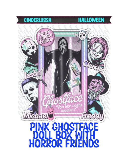 Pink Ghostface Doll Box with Horror Friends: Barbie Box Silicone Mold, Aroma Bead Molds, Car Freshener Mold, Premium Cardstock Images