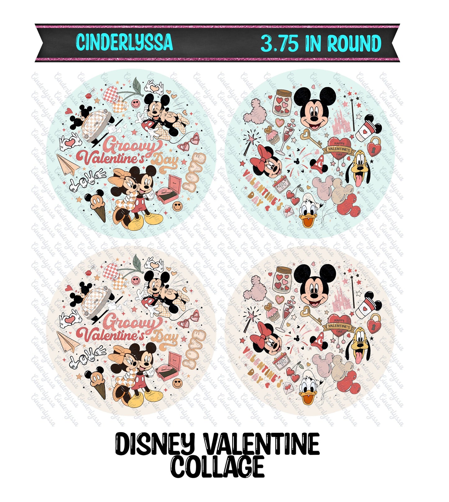 3.75 inch Round: Disney Valentine Collage for Silicone Mold, for Aroma Bead Molds, Car Freshener, Premium Cardstock Images