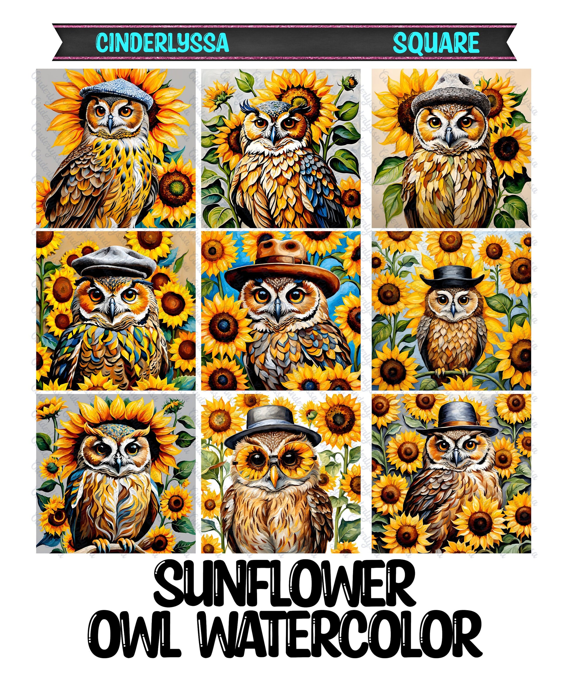 3 inch Square Sunflower Owl Watercolor Cardstock Only for freshies -NO MOLD: Car Freshener, Premium Cardstock Image