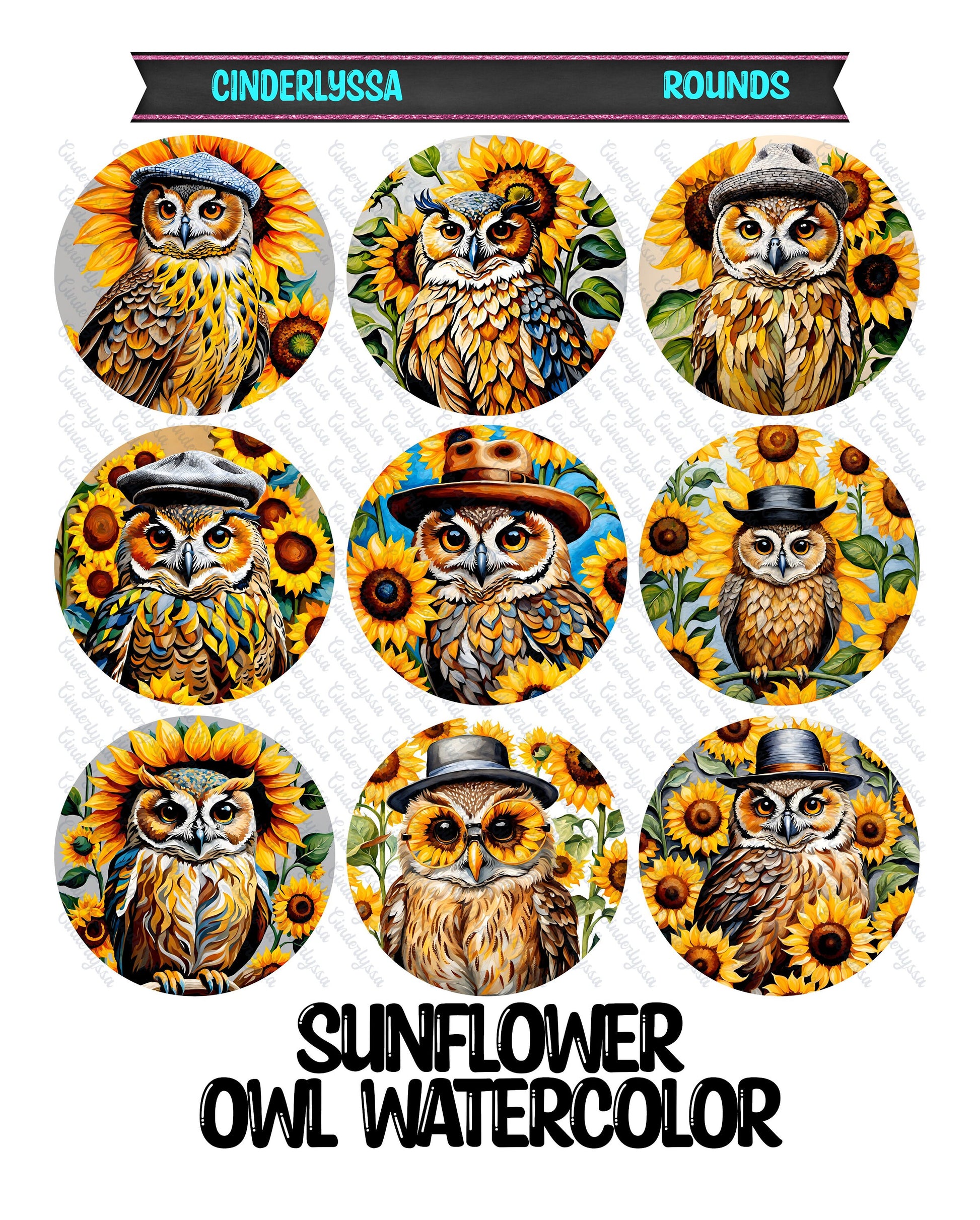 3 inch Round Sunflower Owl Watercolor Cardstock Only for freshies -NO MOLD: Aroma Bead Molds, Premium Cardstock Image